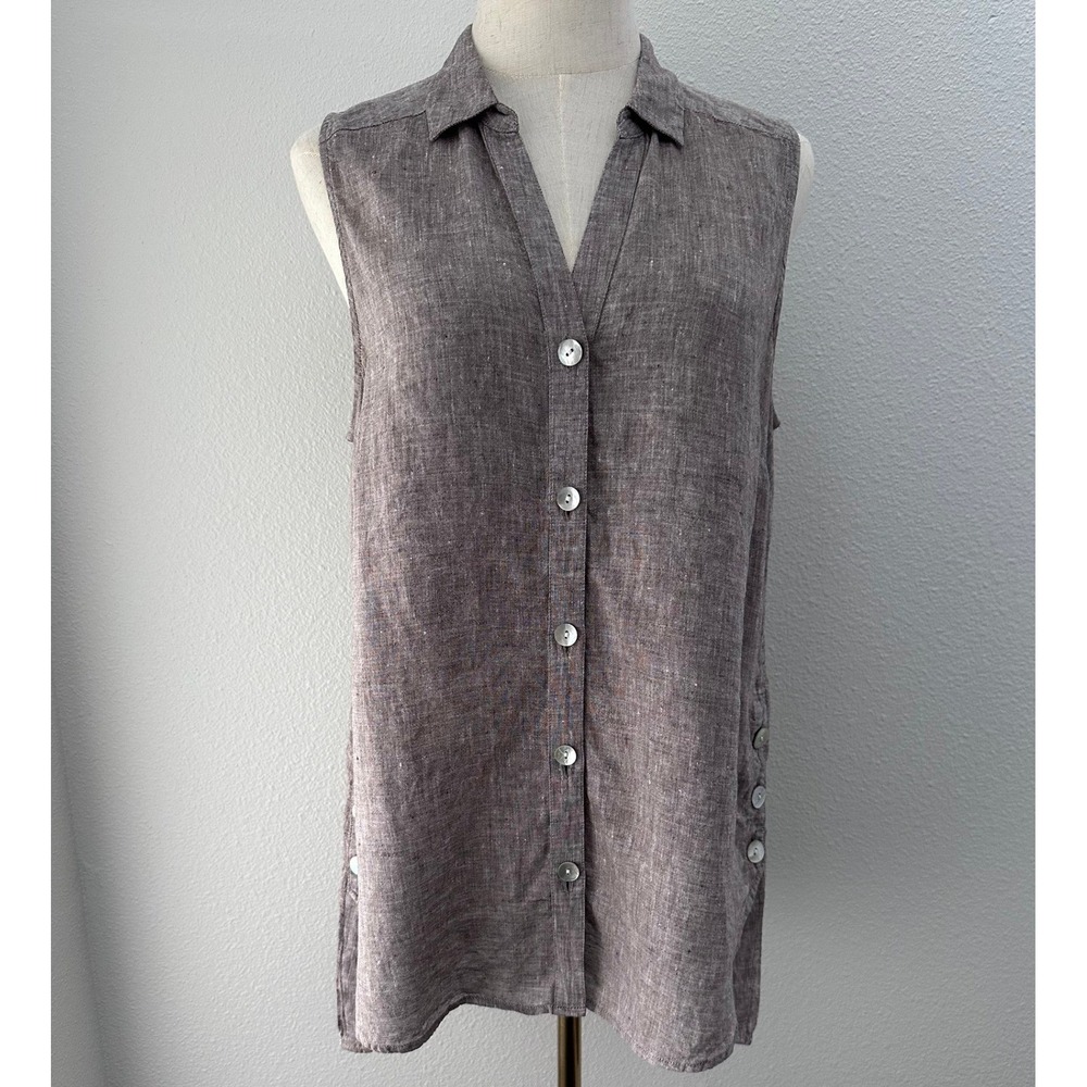J. Jill Love Linen Tunic Tank M Brown Button Side Coastal Minimalist Lagenlook